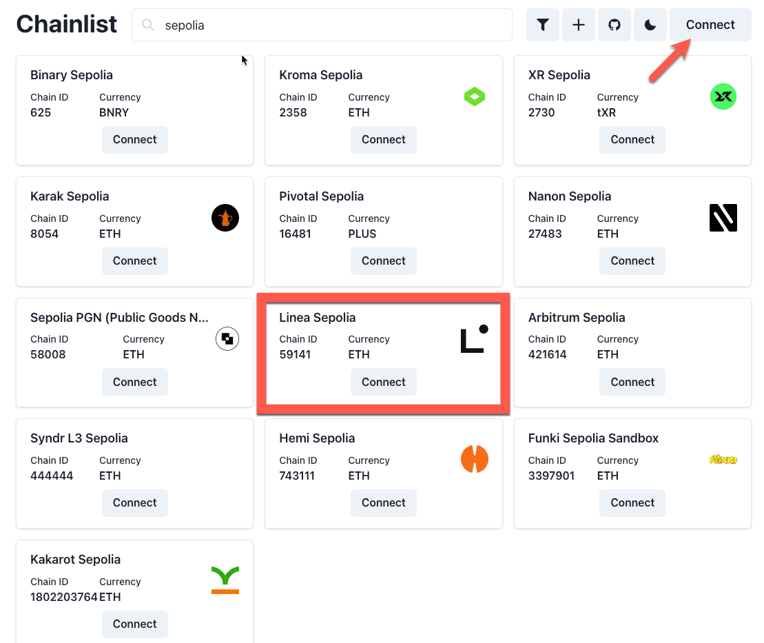 Use Chainlist to connect Linea Sepolia network