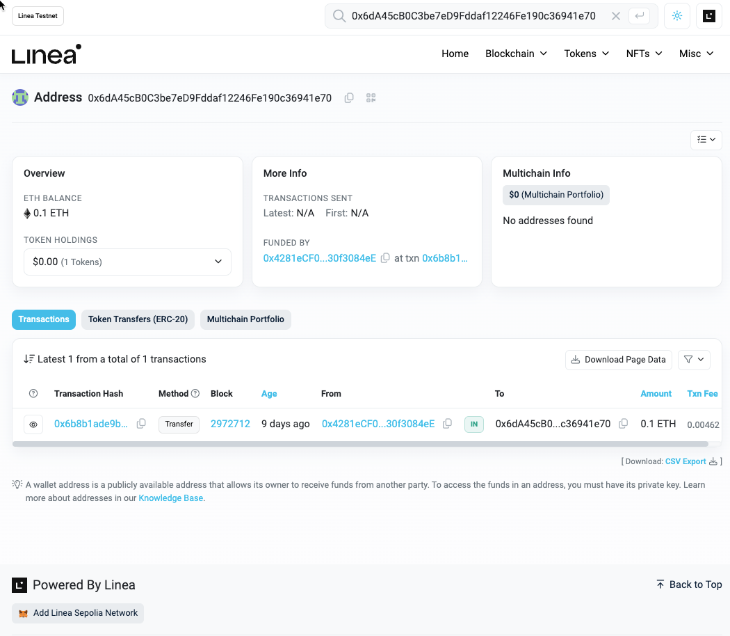 Transaction detials from Sepolia Lineascan