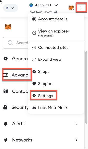 Open advanced settings on the wallet